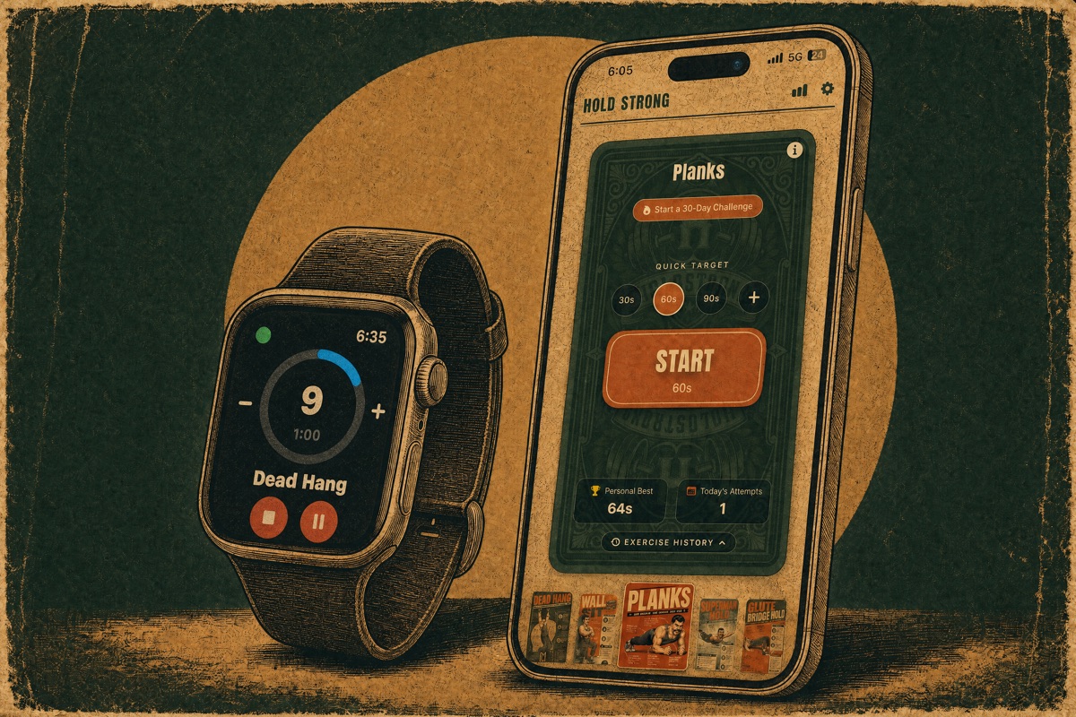 Vintage poster illustration of an Apple Watch showing the Hold Strong dead hang timer next to an iPhone showing the plank timer card