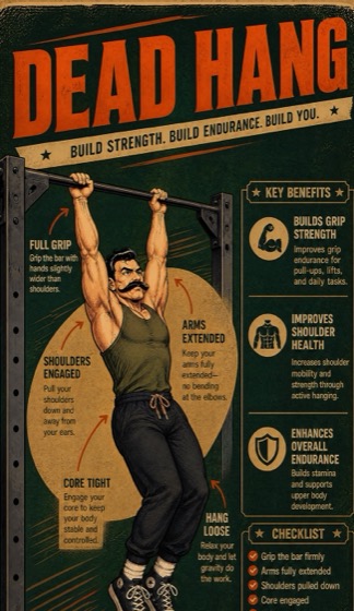 Dead hang exercise poster from the app, with grip and posture cues