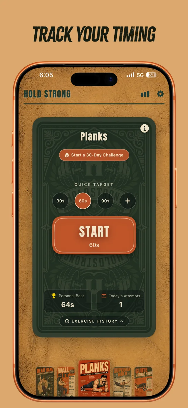 Hold Strong Planks exercise dashboard with quick targets, personal best, and start button