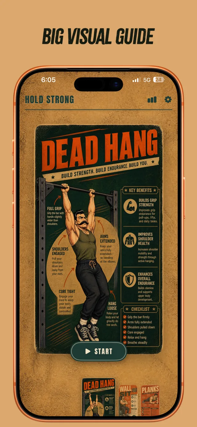 Hold Strong Dead Hang visual guide showing form, key benefits, and checklist