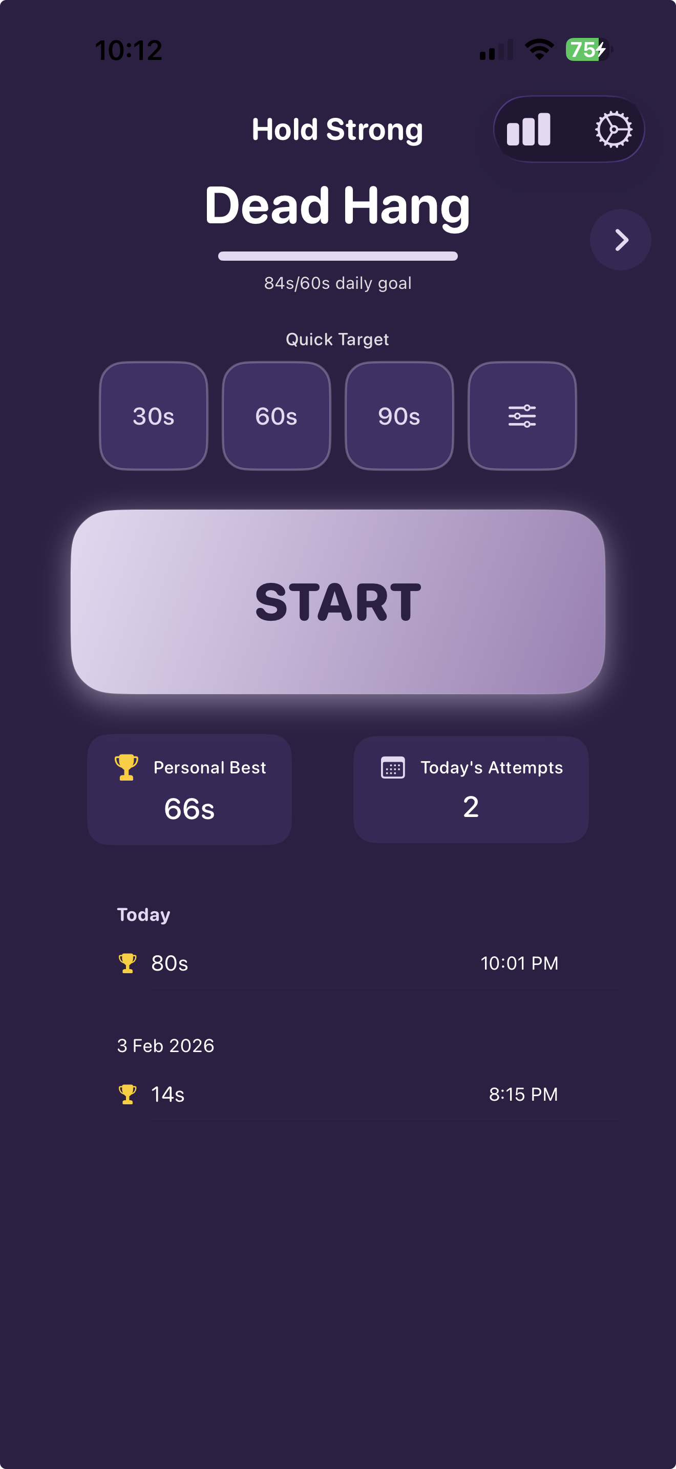 Hold Strong exercise selection screen showing Dead Hang with quick targets